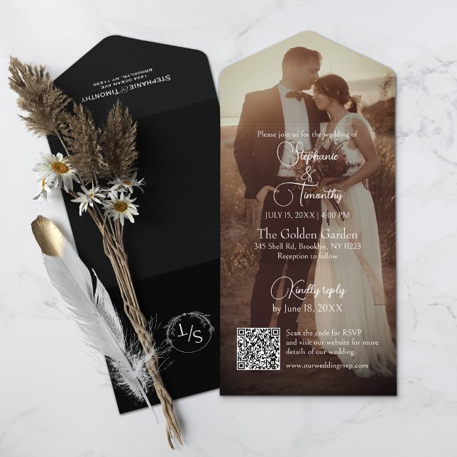 Modern Black and White QR Code Photo Wedding All In One Invitation (All-in-one wedding invitation with QR code to RSVP - Simplify and save time for you and your guests.)