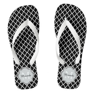 Modern Black and White Quatrefoil Monogrammed Name Flip Flops