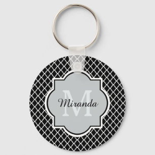 Modern Black and White Quatrefoil Monogrammed Name Keychain