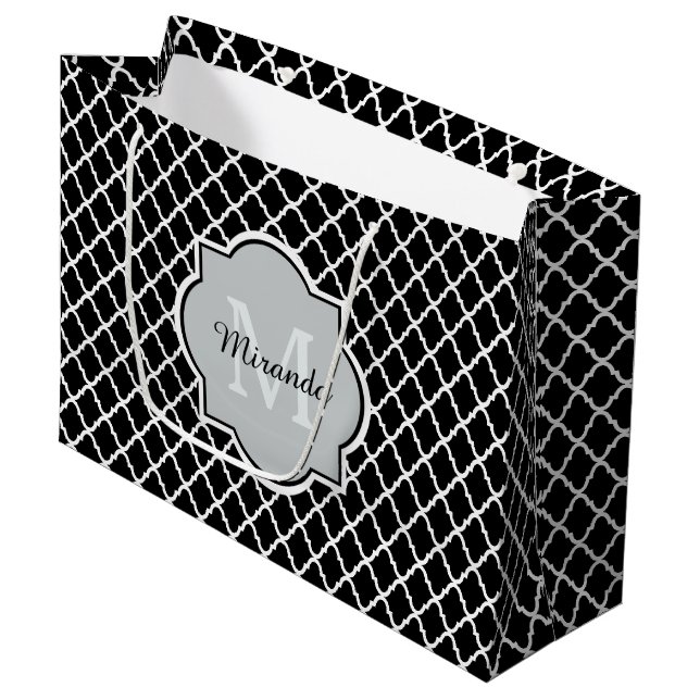 Modern Black and White Quatrefoil Monogrammed Name Large Gift Bag (Front Angled)