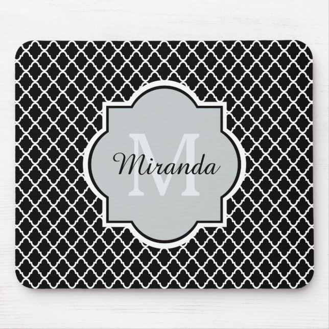 Modern Black and White Quatrefoil Monogrammed Name Mouse Pad (Front)