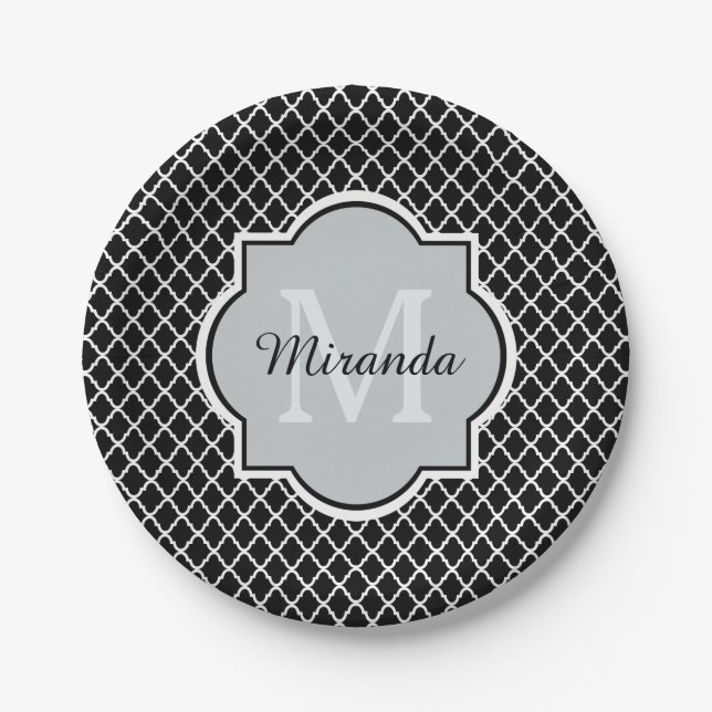 Modern Black and White Quatrefoil Monogrammed Name Paper Plate (Front)