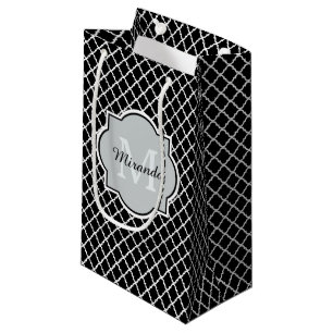 Modern Black and White Quatrefoil Monogrammed Name Small Gift Bag