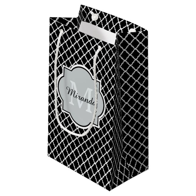 Modern Black and White Quatrefoil Monogrammed Name Small Gift Bag (Front Angled)