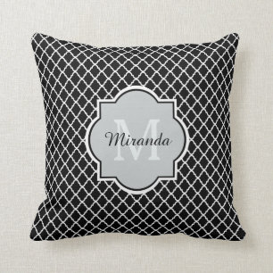 Modern Black and White Quatrefoil Monogrammed Name Throw Pillow
