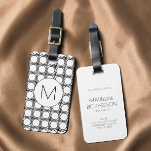 Modern Black and White Rattan Pattern Monogram Luggage Tag