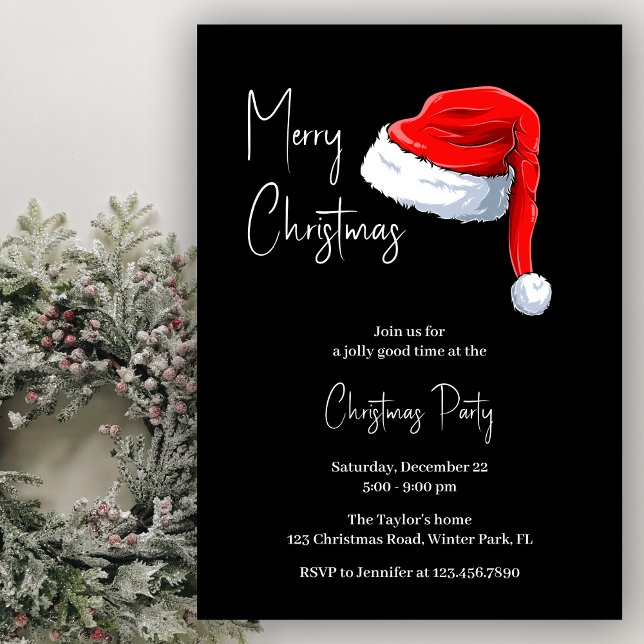 Modern Black and White Santa Hat Christmas Party Invitation (Creator Uploaded)