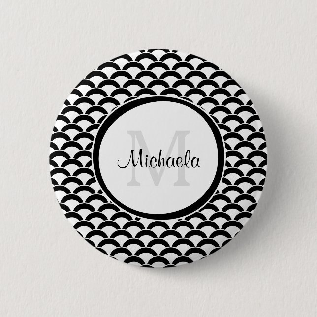 Modern Black and White Scallops Monogram and Name 2 Inch Round Button (Front)