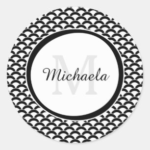 Modern Black and White Scallops Monogram and Name Classic Round Sticker