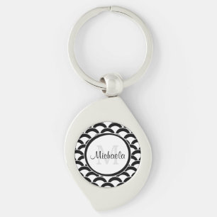 Modern Black and White Scallops Monogram and Name Keychain
