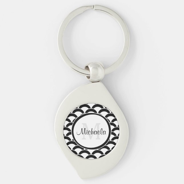 Modern Black and White Scallops Monogram and Name Keychain (Front)