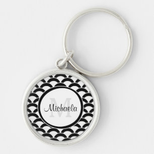 Modern Black and White Scallops Monogram and Name Keychain