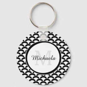 Modern Black and White Scallops Monogram and Name Keychain