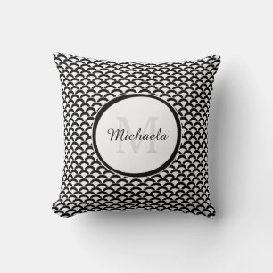 Modern Black and White Scallops Monogram and Name Throw Pillow