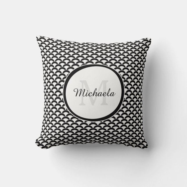 Modern Black and White Scallops Monogram and Name Throw Pillow (Front)