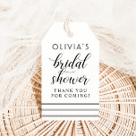 Modern Black and White Script Bridal Shower Gift Tags<br><div class="desc">Modern and chic black and white wedding bridal shower thank you favour tags feature a stylish black typographic design with bold calligraphy script and striped accents and elegant custom text that can be personalized with the bride's name and a thank you message.</div>