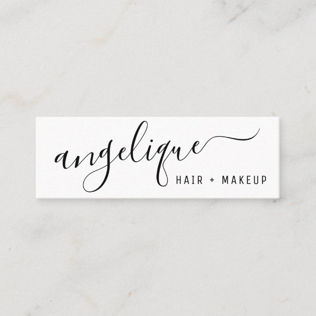 Modern black and white script makeup hair trendy mini business card (Front)