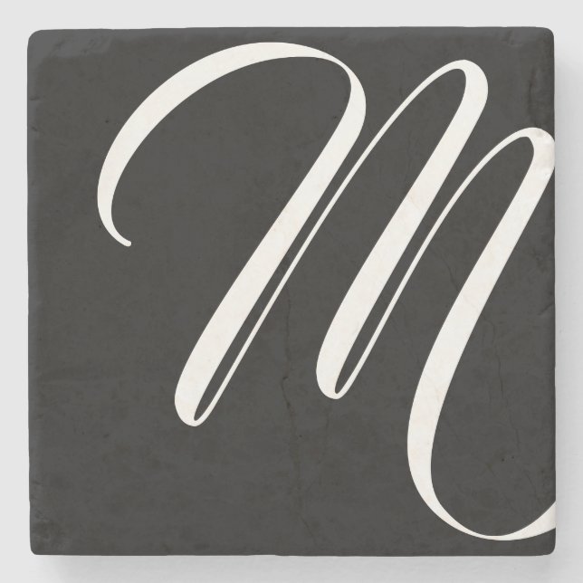 Modern Black And White Script Monogram Stone Coaster (Front)