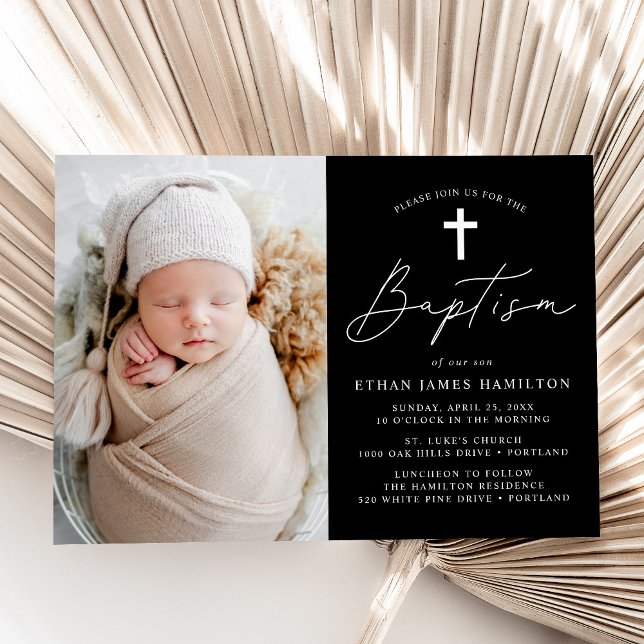 Modern Black and White Script Photo Baptism Invitation (Creator Uploaded)