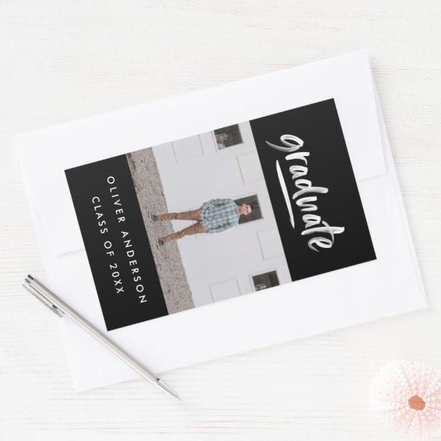 Modern black and white script photo graduation sticker (Envelope)