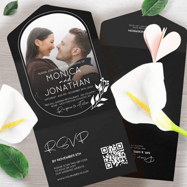 Modern Black and White Script Photo Wedding  All In One Invitation (Modern Minimalist One Photo QR Code RSVP Wedding All In One Black and White Invitation)