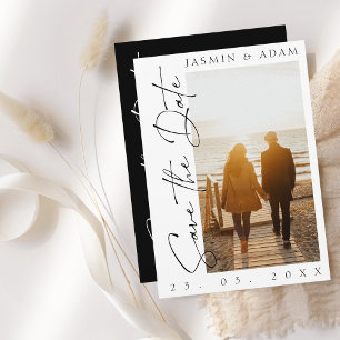 Modern Black and White Script Photo Wedding Save The Date