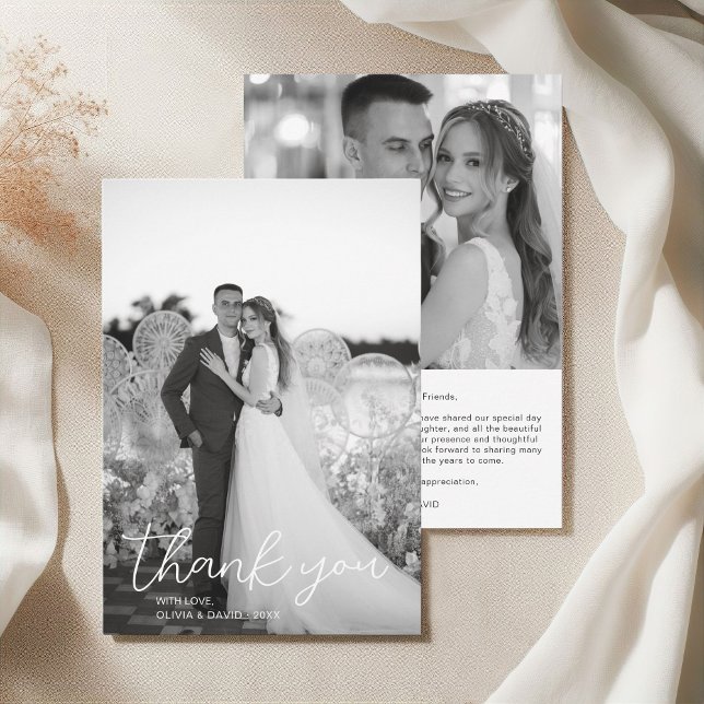 Modern Black and White Script Wedding 2 Photos Thank You Card (Modern Black and White Script Wedding 2 Photos Thank You Card)