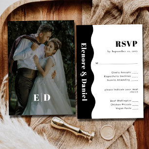 Modern Black and White Side Wave Photo Wedding RSVP Card
