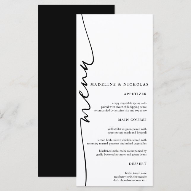 Modern Black And White Simple Calligraphy Wedding Menu (Front/Back)