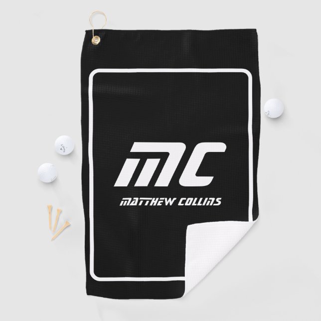 Modern Black and White Simple Cool Sports Monogram Golf Towel (InSitu)