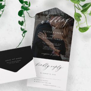 Modern black and white simple elegant script photo all in one invitation
