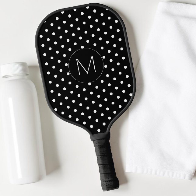 Modern Black and White Simple Monogram Polka Dot Pickleball Paddle (Modern Black and White Simple Monogram Polka Dot Pickleball Paddle)