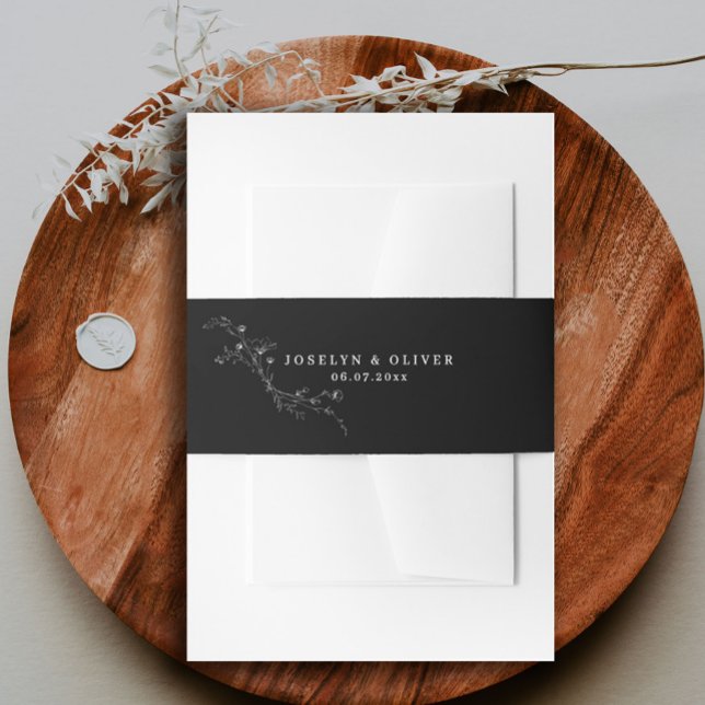 Modern Black and White Sketched Floral Wedding Invitation Belly Band (Creator Uploaded)