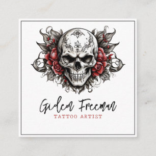 Modern Black and White Skull Roses Tattoo Artist Square Business Card