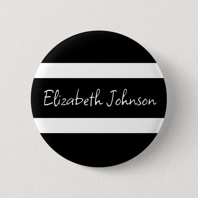 Modern Black and White Stripe Personalized 2 Inch Round Button (Front)