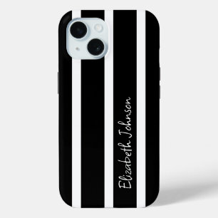 Modern Black and White Stripe Personalized iPhone 15 Case