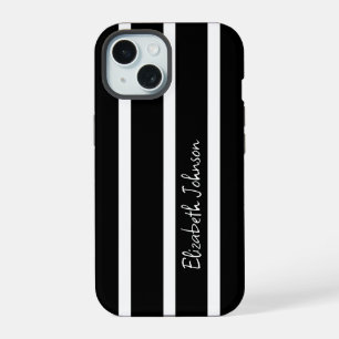 Modern Black and White Stripe Personalized iPhone 15 Case