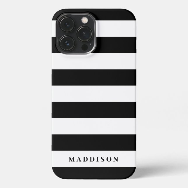 Modern Black and White Stripe Personalized iPhone Case (Back)