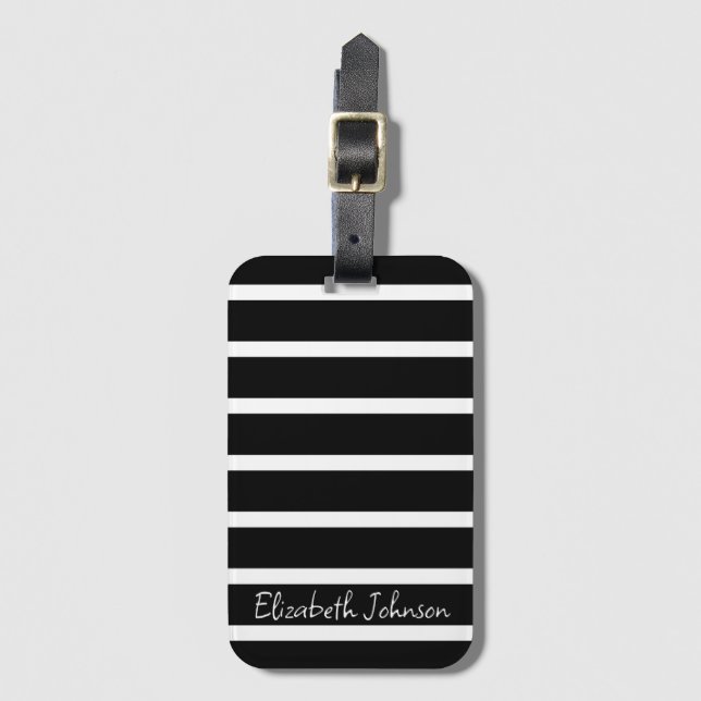 Modern Black and White Stripe Personalized Luggage Tag (Front Vertical)