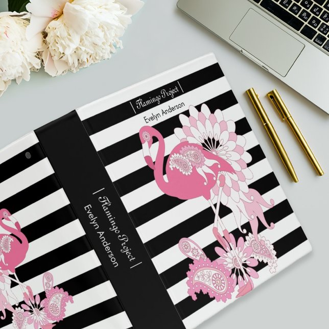 Modern Black and White Stripe Pink Flamingo Binder (Creator Uploaded)