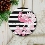 Modern Black and White Stripe Pink Flamingo Ceramic Ornament<br><div class="desc">The product design features a flamingo with kaleidoscopic paisley patterns in shades of pink over black and white stripes background. This tropical bird design with personalized text makes a modern and unique ornament for Christmas,  her birthday,  or any other special occasions!</div>