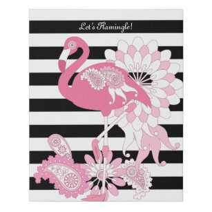 Modern Black and White Stripe Pink Flamingo Faux Canvas Print