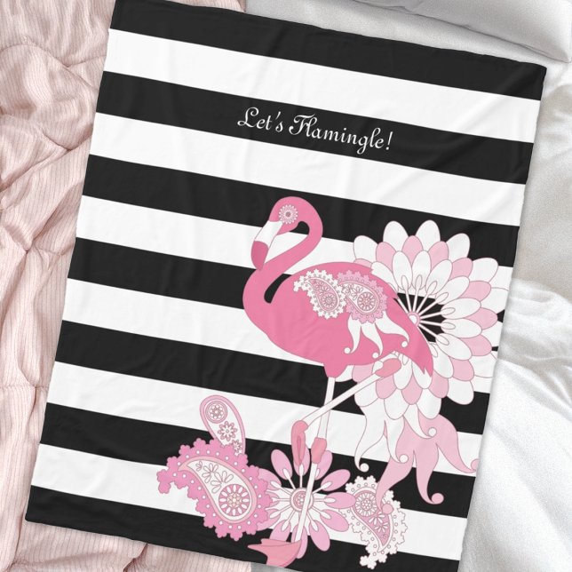 Modern Black and White Stripe Pink Flamingo Fleece Blanket (Creator Uploaded)