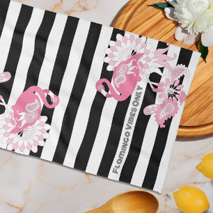 Modern Black and White Stripe Pink Flamingo Kitchen Towel
