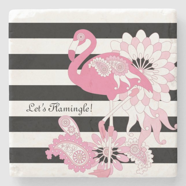Modern Black and White Stripe Pink Flamingo Stone Coaster (Front)
