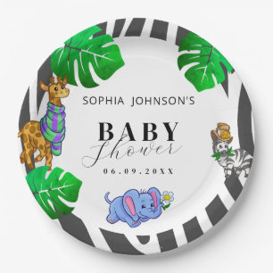 Modern Black and White Stripe Safari Baby Shower Paper Plate