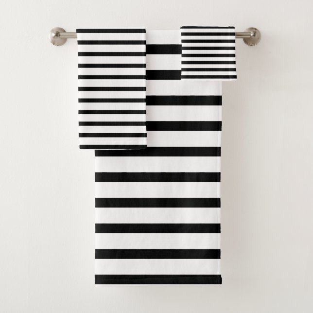 Modern Black And White Stripe Three Piece Bath Towel Set (Insitu)