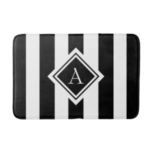 Modern Black and White Striped Monogram Bath Mat