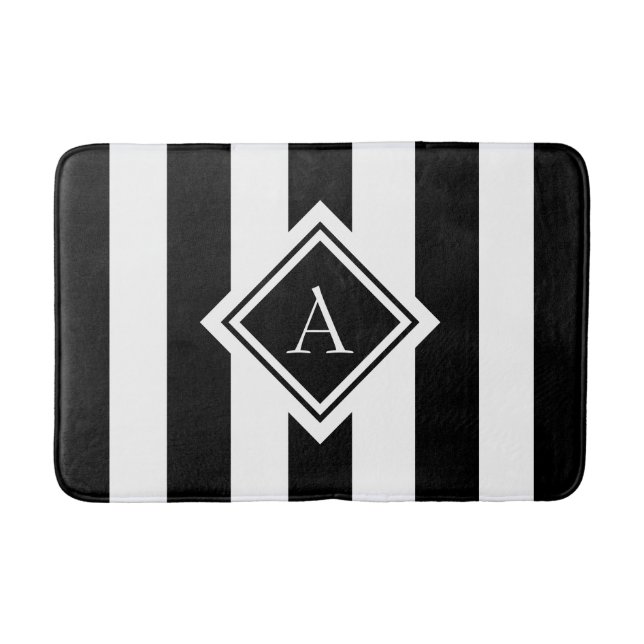 Modern Black and White Striped Monogram Bath Mat (Front)