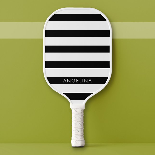 Modern Black and White Striped Pattern Custom Name Pickleball Paddle (Custom Pickleball Paddle)